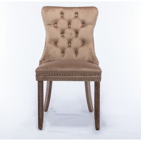 Chaises de salle à manger modernes haut de gamme en bois massif avec revêtement matelassé en tissu velours, pieds en bois massif et accents cloutés — Lot de 2 — Kaki