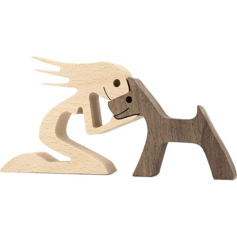 Holzfigur einer Hunde- und Katzenfamilie, handgefertigte Holzdekoration, niedlicher Welpe, Kätzchen und Mensch, Sammlerfigur für Zuhause, Büro oder Wohnzimmer – Welpe + Mensch – 1 Stück (1/5)
