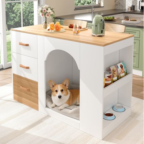 Isola cucina con 3 cassetti, vano per animali, bianco effetto legno, 120 x 60 x 90 cm (1/5)
