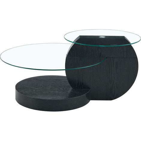 Table basse moderne minimaliste en verre de sécurité double couche, design à niveaux, structure MDF haute qualité aspect bois noir, plusieurs couleurs au choix