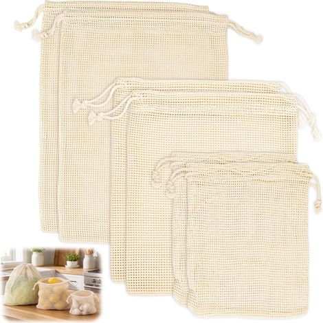 6 Pièces Sac Filet, Filet Fruit de 3 Tailles, Sacs en Filet Réutilisables Filets à Fruits et Légumes en Coton, Durable et Lavable, pour Oignons, Pommes de Terre, Légumes, Fruits (Beige) (1/5)