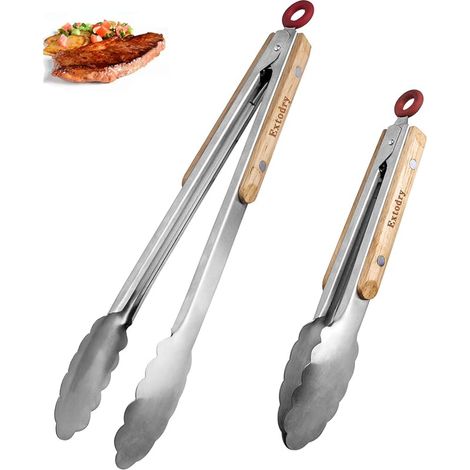 Pince Cuisine Solides(25&33cm)-Pince Barbecue,Facile à Nettoyer et à Tenir,Poignées en Bois Résistant à La Chaleur Inox Pince Alimentaire,Accessoires Pour Ustensiles de Cuisine en Métal Outil (1/5)