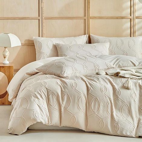 Bettwäsche-Set 135x200cm Beige mit geometrischer Stickerei im Boho-Stil