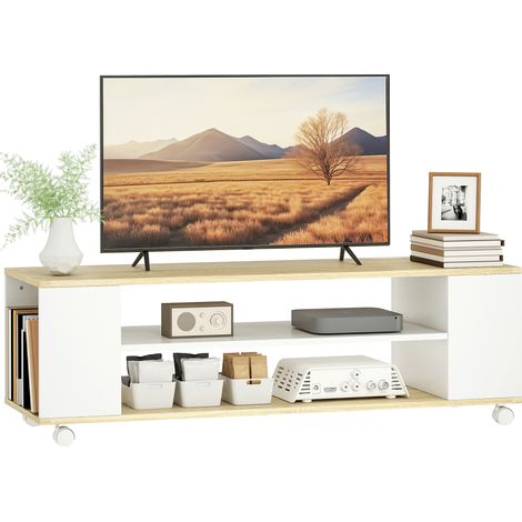 Mobile porta TV sospeso con ruote e 2 ripiani per televisori fino a 55 pollici, 120x40x38,5 cm, bianco.