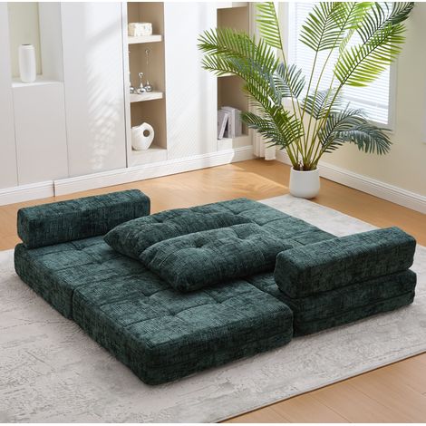Divano letto pieghevole da pavimento con cuscini, 79 x 79 x 57 cm, ciniglia verde scuro HAVRYA (1/5)