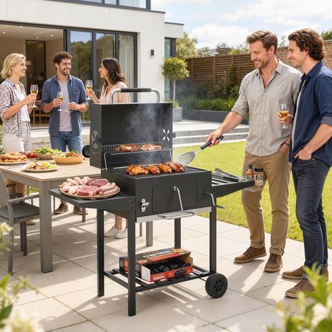 Barbecue charbon sur Noir roues hauteur réglable étagères pliantes acier/PP 133,5x65x110 cm