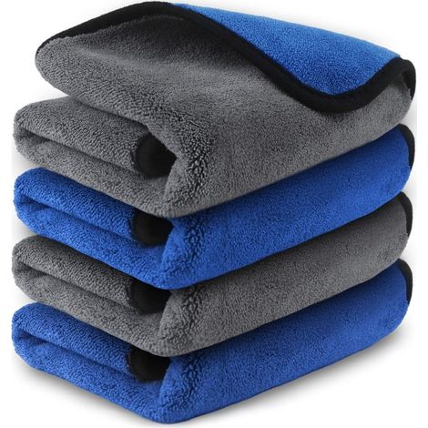 Chiffons Microfibre Voiture Professionnel Efficace Lot de 4, Serviettes pour Detailing Auto Moto, Torchons 800 GSM Anti Rayures Polissage Super Absorbant Séchage, 40 x 40 cm, Bleu et Gris (1/5)