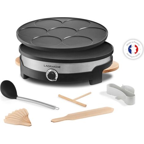 Crêpière électrique 1500W avec 2 plaques – 1 grande crêpe (ø 35cm) et 7 mini crêpes (ø 11cm) – Thermostat réglable 5 positions – Revêtement anti-adhésif – Lagrange
