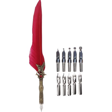 Feather Pen Craft Retro Carved Stainless Steel Dip Pencil for Signature Gift Table DecorationCrimson (1/5)