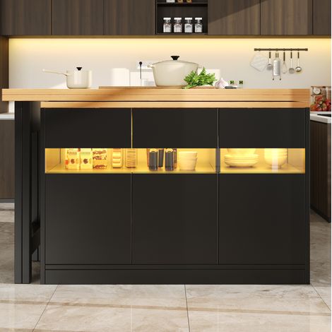 Ausziehbarer Bartisch mit Stauraum und LED-Beleuchtung, 120–180 cm, Schwarz/Natur, OKMYHOME (1/5)