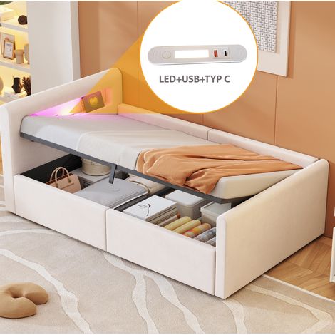 Letto contenitore bambino 90x200 cm con LED, porta USB e mensola, in velluto, beige, senza materasso (1/5)