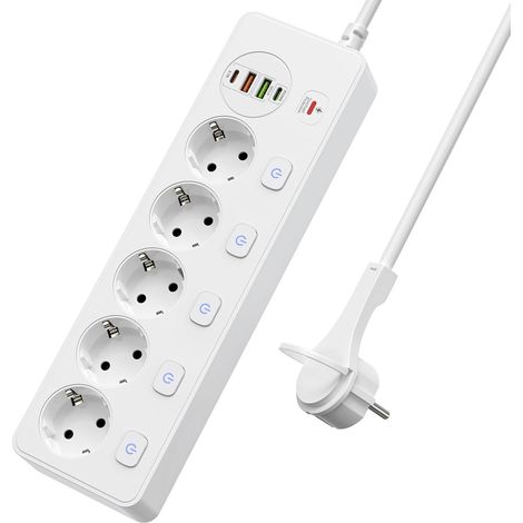 [JAMAIS UTILISÉ]Multiprise murale 5 prises avec interrupteurs individuels, 2 ports USB A et 2 ports USB C, câble d'extension 2 mètres, charge rapide PD 20 W, couleur blanc