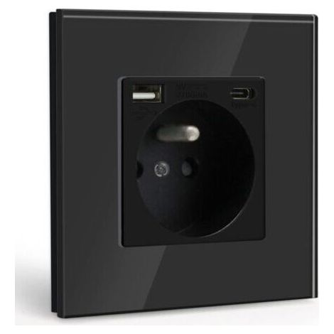 Prise Murale avec USB et 1 Type C,Noir courant alternatif avec Panneau en verre cristal,Multiprise Murale avec USB(max2.1A),convient à la smartphone,à la tablette (1/4)