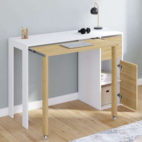 Escritorio extensible RON con columna de almacenamiento de cajones y armario blanco y de madera
