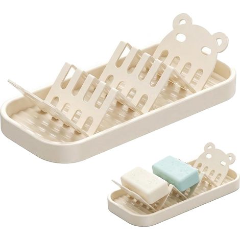 Porte-savon ours mignon avec bac égouttoir, porte-savon double face en forme de W, étanche, en acier au carbone, pour douche, salle de bain et cuisine, beige (1/5)