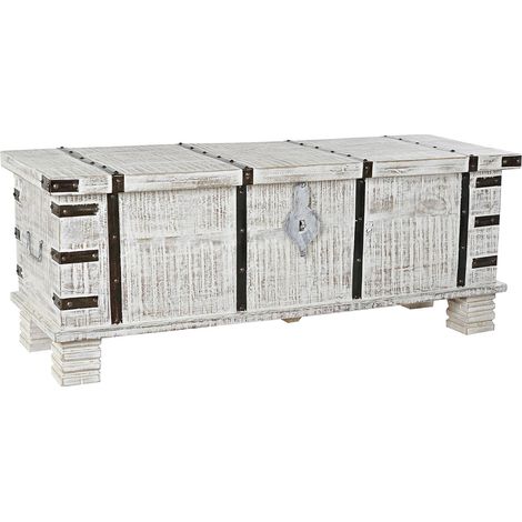 Coffre en bois de manguier coloris blanc et métal noir - Longueur 116 x Profondeur 40 x Hauteur 45 cm -PEGANE- (1/4)