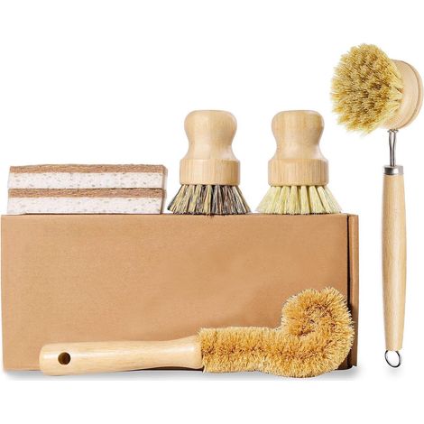 Ensemble de brosses pour le nettoyage des casseroles — Brosses à vaisselle en fibre de coco anti-rayures, outils de nettoyage de cuisine et brosses à casseroles en sisal (Ensemble A — en boîte)