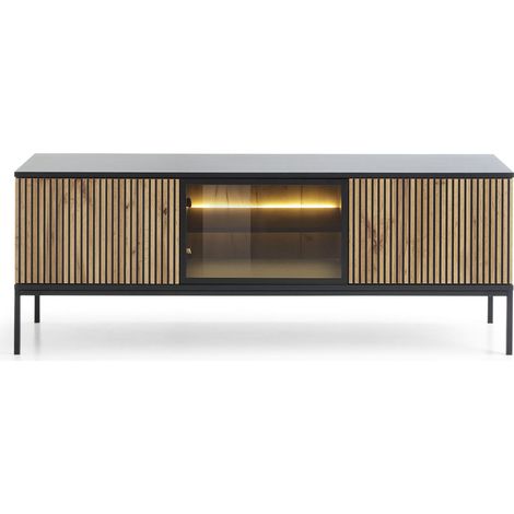 Meuble TV 154 cm, 3 portes, éclairage LED, ouverture push-to-open, Noir / Chêne Wotan, 154 x 39 x 56 cm (1/5)