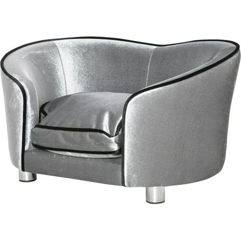 Dog Sofa Pet Chair, Kitten Bed Couch w/ Wooden Frame, Removable Cushion - Silver-Tone and Grey