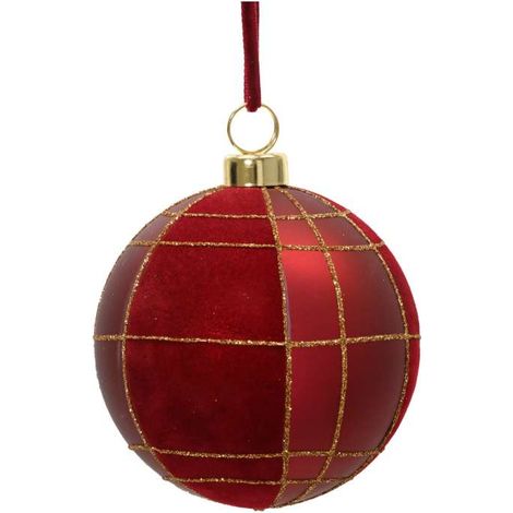Decoris Pallina Natale Velluto Rosso con Geometrie Oro 8 cm