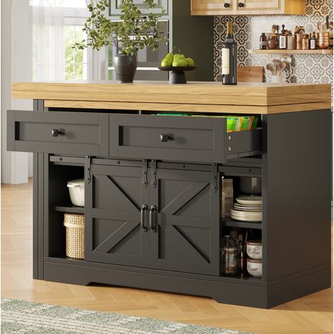 Isla de cocina con mesa extensible 120-197 cm, panel giratorio 360°, negro DESVIAE (1/5)