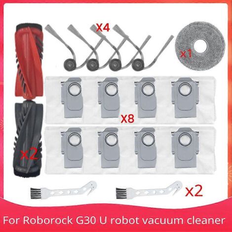 Pièces de rechange pour aspirateur robot Roborock G30 U : brosse principale, brosses latérales, sac à poussière et chiffon.