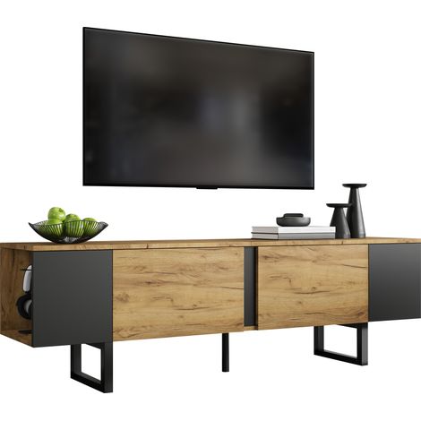 Mueble TV con 2 Puertas y Estantes Abiertos, Bisagras de Cierre Suave, para Salón, 180×40×55 cm, en Tablero de Partículas, Madera Natural y Negro (1/5)