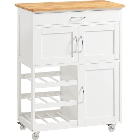 Sobuy – Desserte de cuisine FKW45WN – Chariot de service à roulettes en bois d'hévéa et MDF – 3 portes-bouteilles et 1 tiroir – Capacité 50kg