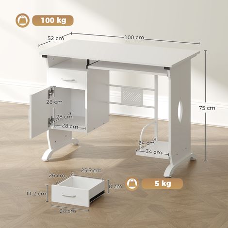 Bureau PC 100x52x75 cm blanc, avec plateau coulissant pour clavier, tiroirs, et compartiment pour unité centrale (1/4)