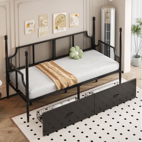 Divano letto in metallo nero 90x200 cm con 2 cassetti, schienale e braccioli stile vintage (1/5)