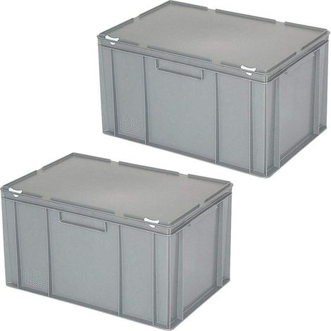BRB Lot de 2 boîtes Euro avec couvercle, qualité alimentaire, empilables, pour rangement, L x l x H : 600 x 400 x 330 mm, gris, PE-HD
