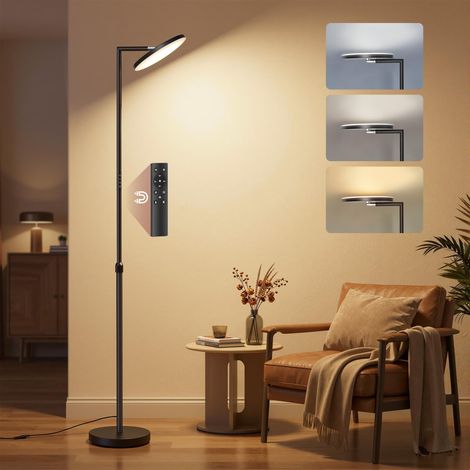 Lampadaire LED Réglable en Hauteur, Lampe sur Pied 36 W, Tête Orientable, pour Chambre, Bureau, Minuterie, Fonction Mémoire, Commande par Boutons et Télécommande, Noir Mat (1/5)