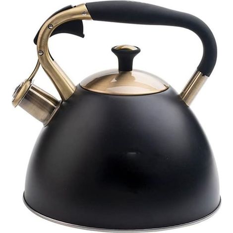 Klassischer Edelstahl-Wasserkocher, 3 Liter, lauter Pfiff, schwarz-golden, für Gas- und Induktionsherde (1/5)