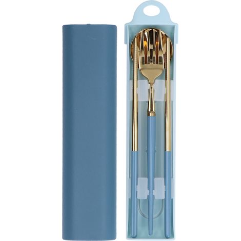 Ensemble de couverts en acier inoxydable portable pour étudiants avec boîte de rangement, bleu et or