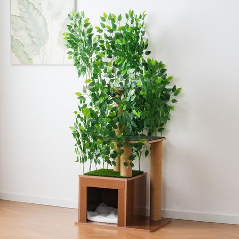 Designer-Katzenbaum – 60 x 45 x 158 cm – 3 Plattformen und ein Versteck – MDF und abnehmbare Blätter – Grün (1/5)
