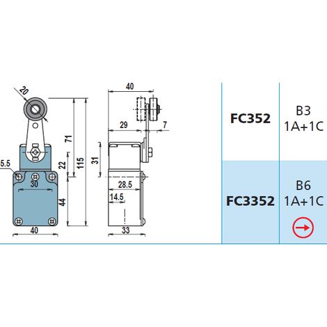 FC352 1NA + 1NC Interruttore di Posizione a leva gir.dritta+rotella Finecorsa
