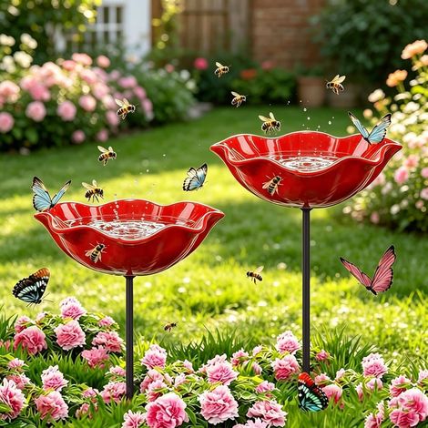 2 Pieces Bee Drinker Flower for Garden, Insect Trough Garden Decoration, Metal Garden Stake for Lawn, Bird Bath Flower, Decorative Feeding Bowl for Birds and Bees (1/5)