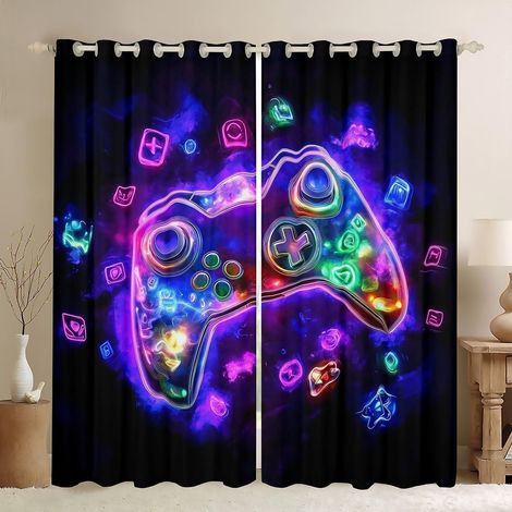Garçons Adolescents Gamer Rideau de fenêtre 3D Néon Jeux vidéo Manette de jeu Rideaux colorés pour filles garçons Décoration de salle de jeux Noir Violet Rideaux de traitement de fenêtre - 137x117cm ( (1/5)