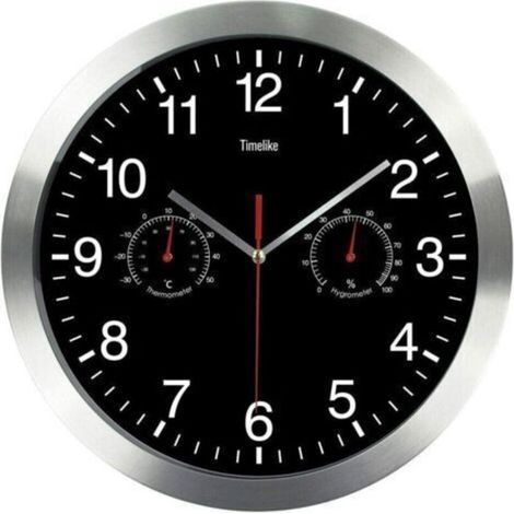 Quartz Ronde Horloge Murale, Aluminium Silencieuse Intérieur Murale Horlog vec Thermomètre Et Hygromètre pour Salon Cuisine Bureau (Noir) (1/5)