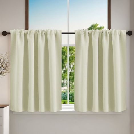 Deux rideaux de cuisine, rideaux de café à texture lin, voilages courts, adaptés à la salle de bain/sous-sol, 7660 cm - beige. (1/5)