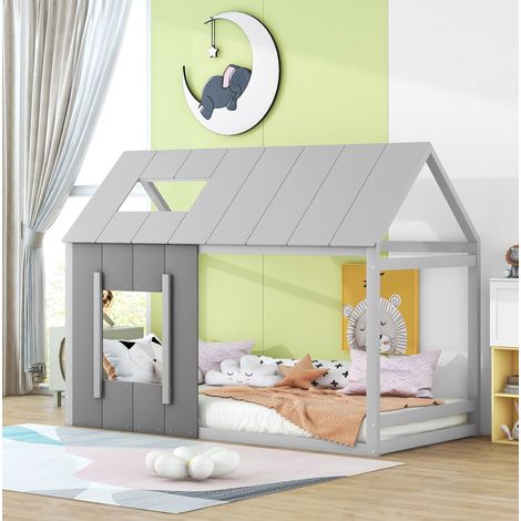 MEUBLIV Cama infantil 90x200 cm gris – forma de casa con ventana, sin colchón (1/5)