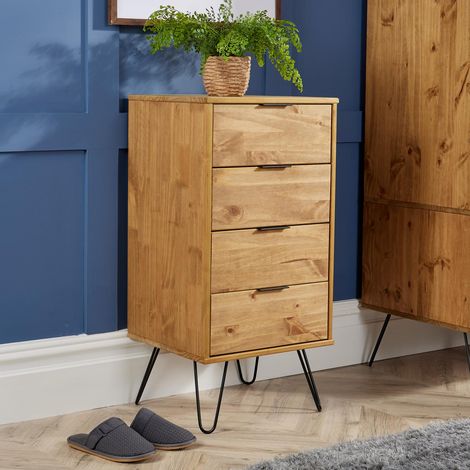 Industrial Wood Chest of 4 Drawers Narrow Cabinet Organiser Bedroom Storage Unit