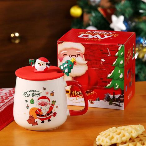 Mug de Noël en céramique de 414 ml (14 oz) avec couvercle Père Noël et cuillère sapin, coffret cadeau festif inclus, adorable tasse pour café ou thé, cadeau parfait pour Noël, les anniversaires et les (1/5)