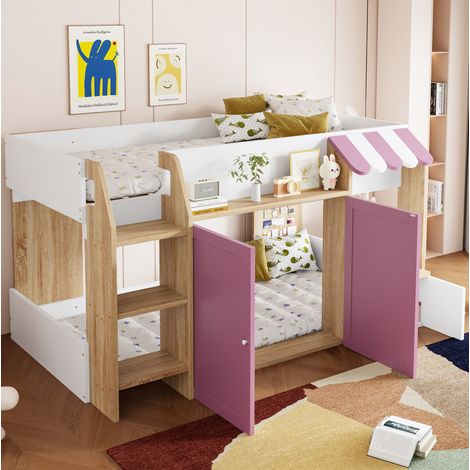 Letto soppalco per bambini 90x200 cm in legno rosa, salvaspazio, senza materasso FloraGrace (1/5)