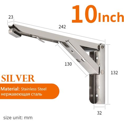 (Argent 25 cm - Pologne) 2 supports d'étagère triangulaires pliables en acier inoxydable, réglables, à fixer au mur, pour banc ou table. (1/5)