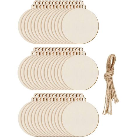 100 adornos navideños redondos de madera sin decorar con cuerdas, adornos colgantes y materiales para manualidades. (1/5)