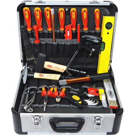 Boîte à outils complète 31 pièces pour électricien et mécanique – Aluminium, compartiments modulables – 47810 – Famex