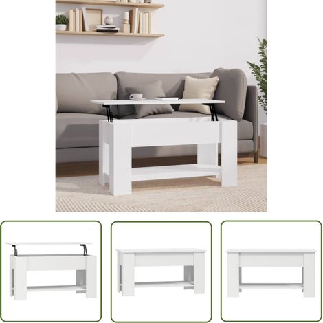 The Living Store Table basse blanc 101x49x52 cm bois d'ingénierie - Table Basse Blanche - Meuble Salon - Table D'appoint - Table Relevage - Table Multifonctionnelle (1/5)