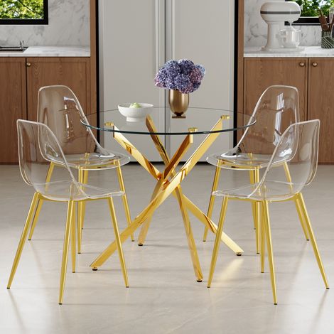 DESMIU Table de salle à manger ronde 4 personnes avec 1 table et 4 chaises, pour cuisine et salon, 88 cm (1/5)