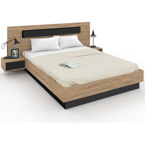 Idmarket – Lit double SANTA 160 x 200 cm – Tête de lit et chevets intégrés – Sommier 24 lattes – Bois et noir